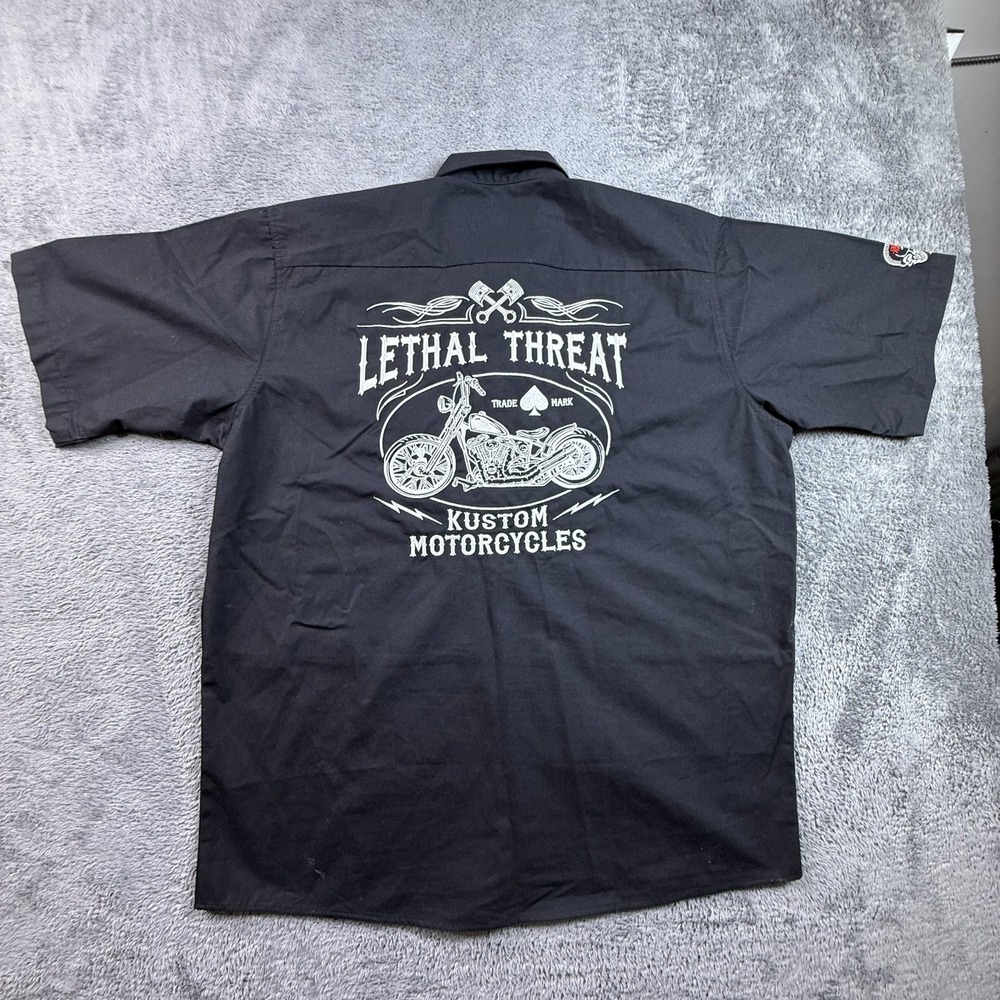 Lethal Threat Motorgear Men's XL Black Button Up Work Shirt Embroidered